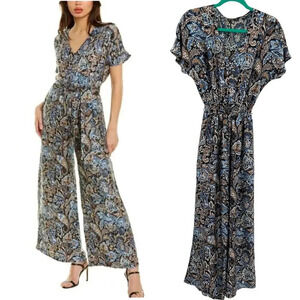 J.McLaughlin Marea Silk-Blend Jumpsuit Blue Brown Paisley Print Size XS‎